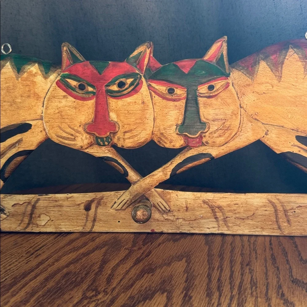 Vintage wood Hand-Painted Double Cat Wall Hook - Yellow, Red & Green
